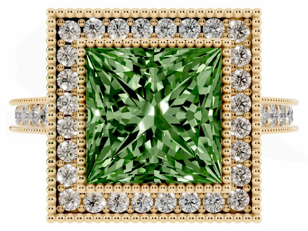 Fancy Green Halo Princess Cut-Cut Diamond Pave Band Milgrain Prong Setting Ring Yellow gold