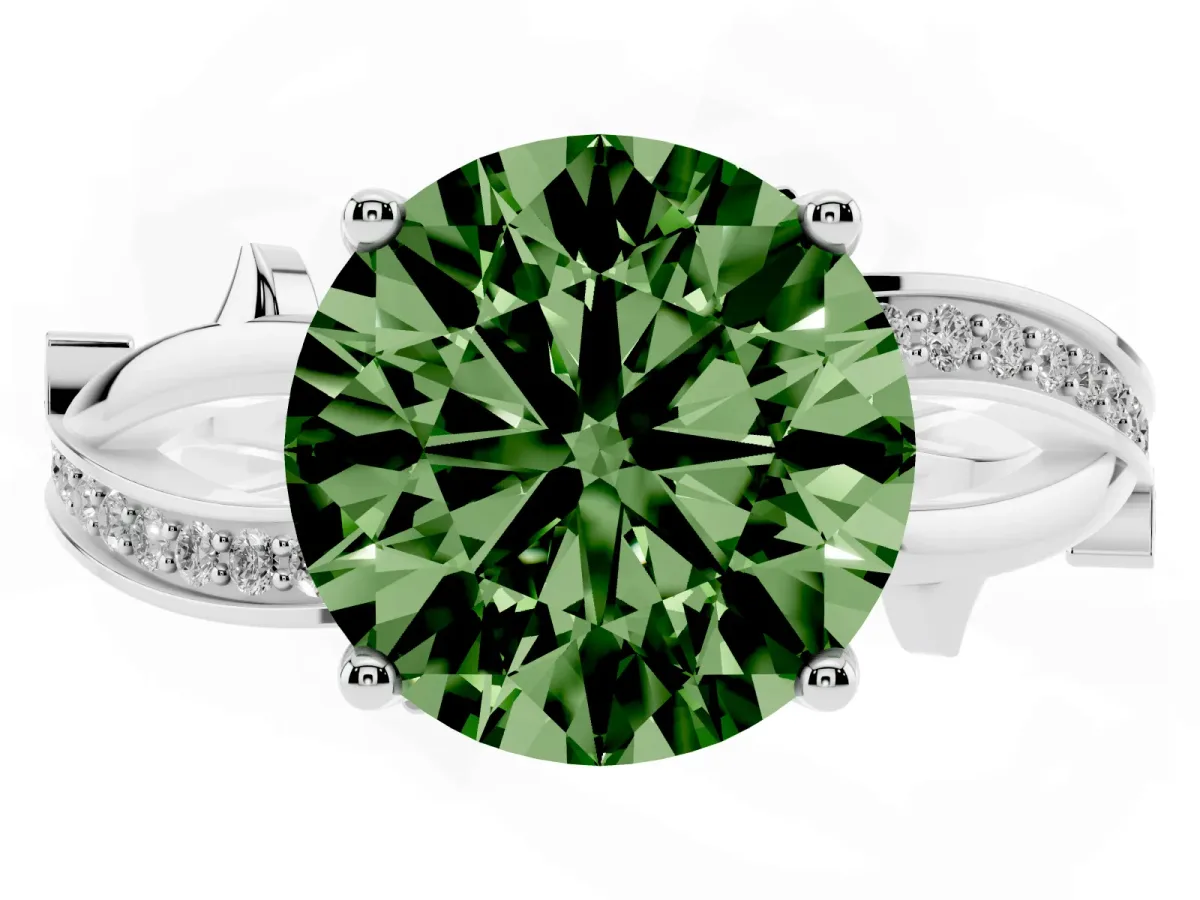 Fancy Green Round Cut Solitaire Twist Band with Pavé Accents and Four-Prong Setting White gold
