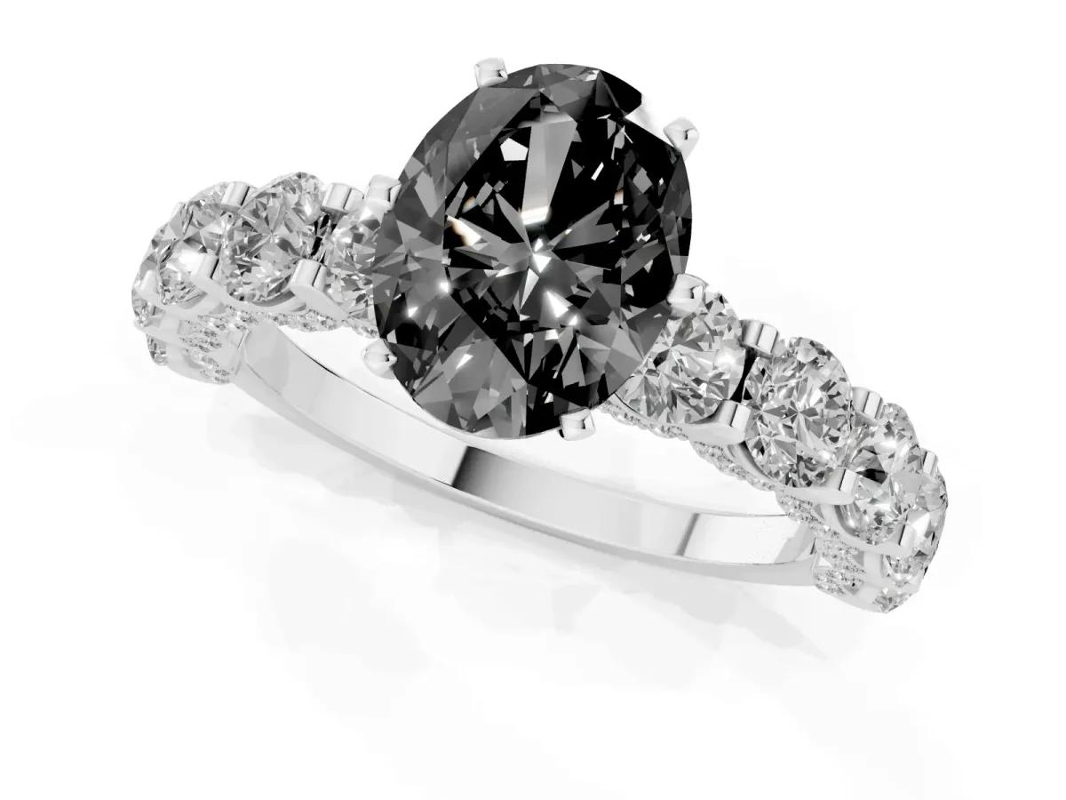 Fancy Black Oval Cut Diamond Side Stone Engagement Ring with Four-Prong Setting White gold