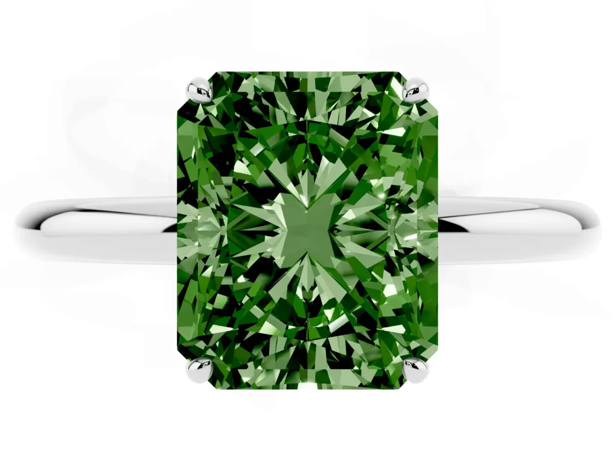 Fancy Green Radiant Cut Solitaire Diamond Ring with Four-Prong Setting on a Plain Band Platinum