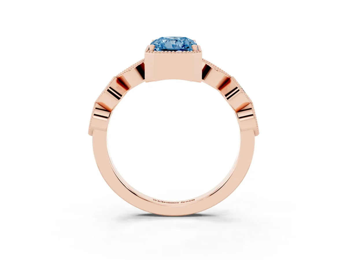 Fancy Blue Radiant Cut Diamond Vintage Milgrain Ring with Round Stations Rose gold