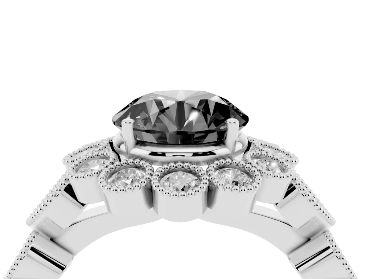 Fancy Black Round Cut Brilliant Milgrain Pave Heart Band Solitaire Ring Silver