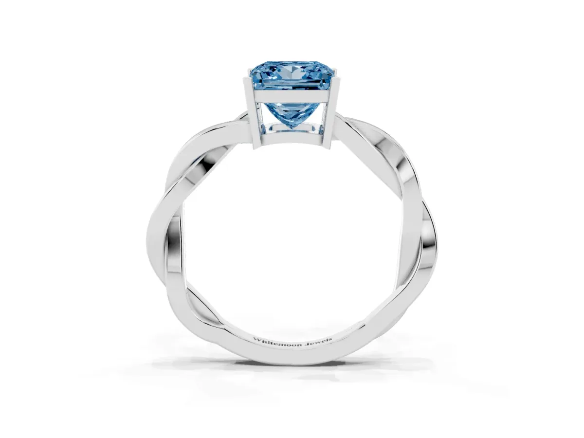 Fancy Blue Princess Cut Solitaire Twisted Pave Diamond Ring with Four-Prong Setting Silver