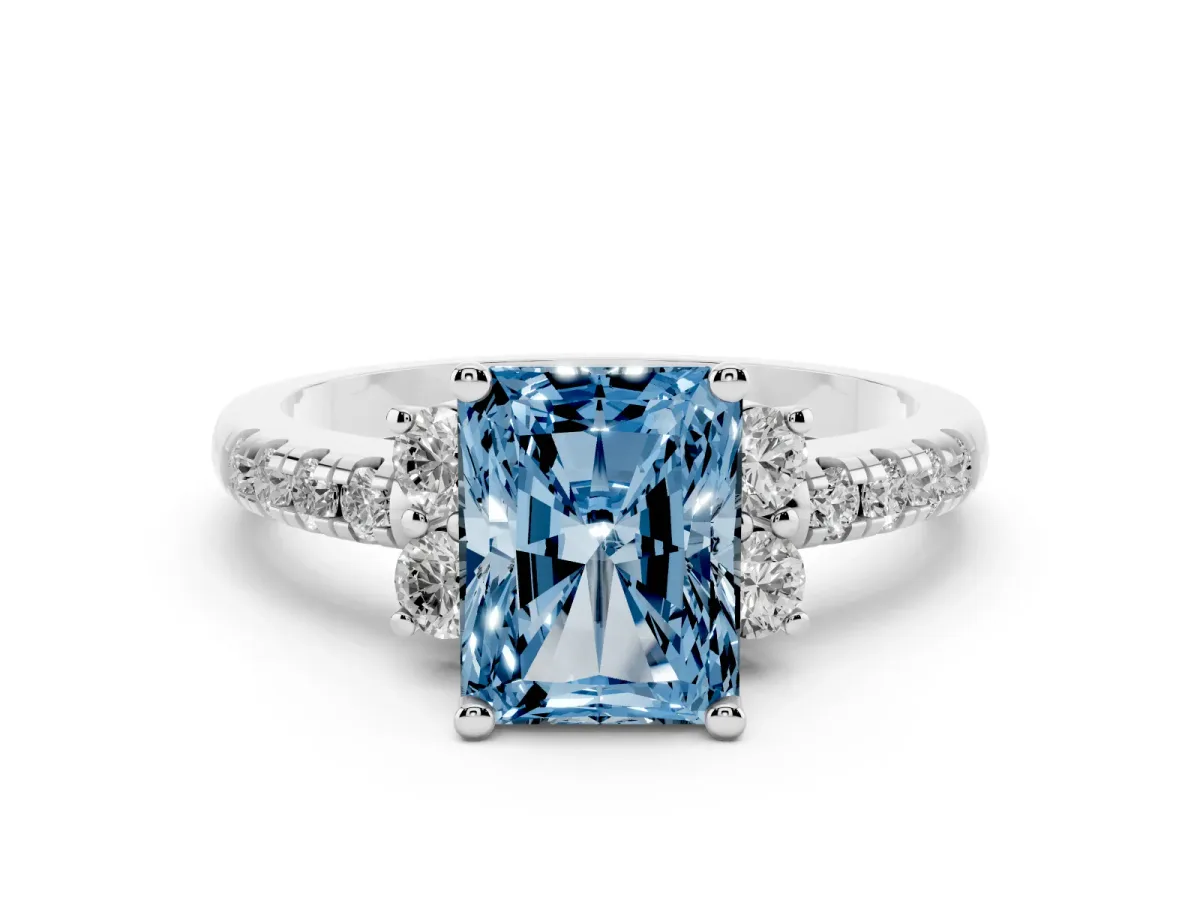 Fancy Blue Radiant Cut Diamond Three-Stone Pave Band with Four-Prong Setting Silver
