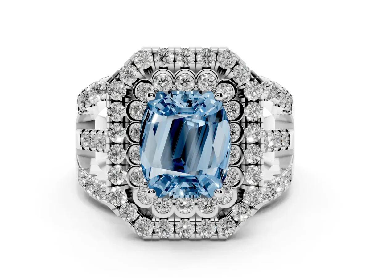 Fancy Blue Emerald Cut Diamond Double Halo Ring with Round Pavé Split Shank and Prong Setting Silver