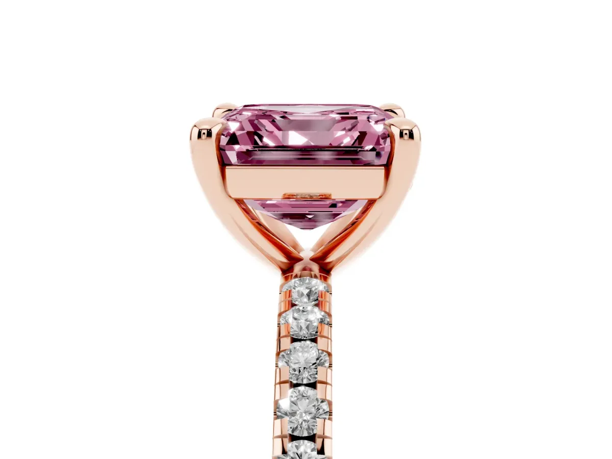 Fancy Pink Asscher Cut Diamond Brilliant Solitaire Ring with Pavé Band and Four-Prong Setting Rose gold