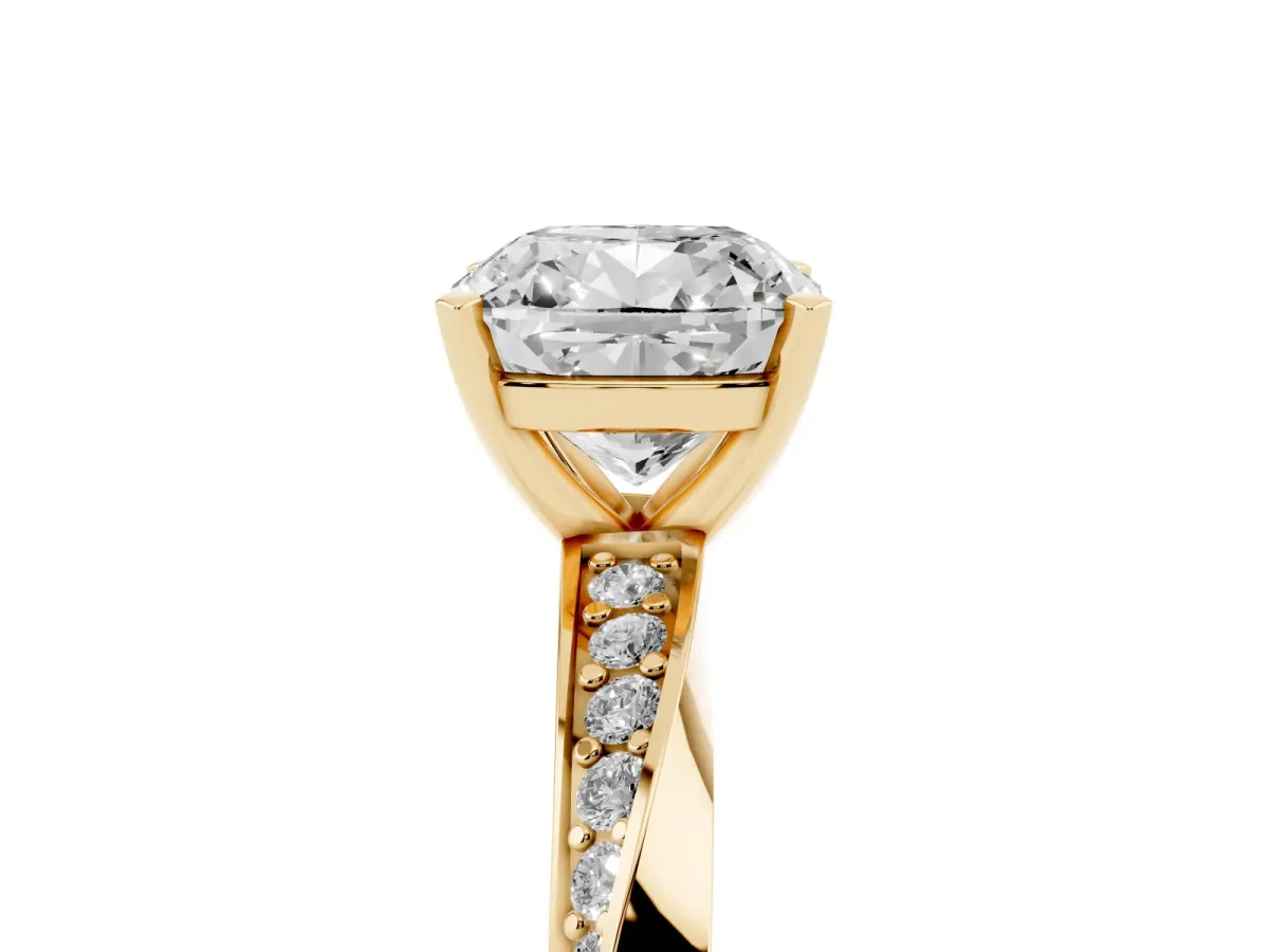 Cushion Cut Diamond Engagement Ring with Side Stone Accents and Four-Prong Setting Yellow gold