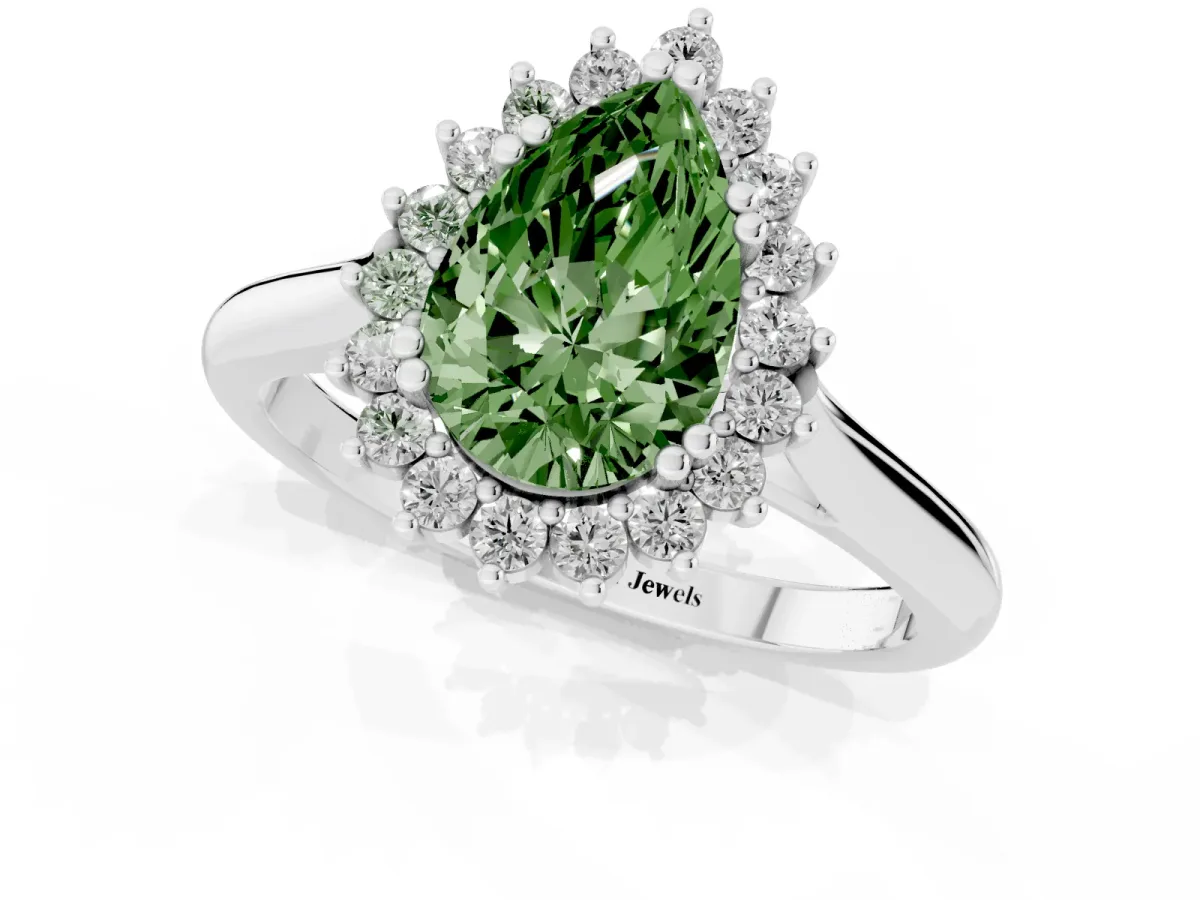 Fancy Green Pear Cut Cut Diamond Halo Ring with Solitaire Band and Prong Setting Platinum