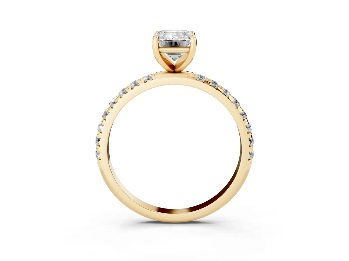 Emerald Cut Cut Diamond Solitaire Ring with Micro Pave Band and Four Prong Setting Yellow gold