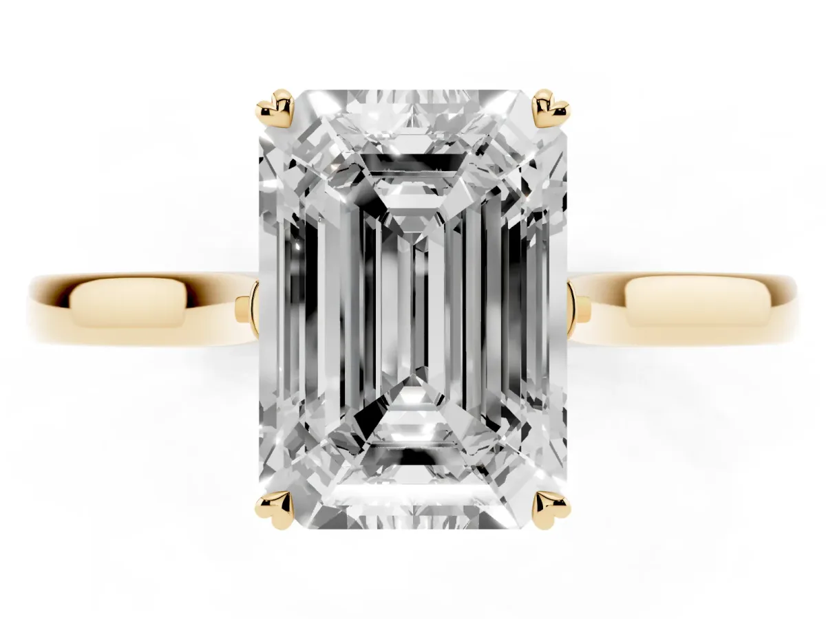 Emerald Cut Solitaire Heart Prong Engagement Ring with Tapered Band Yellow gold
