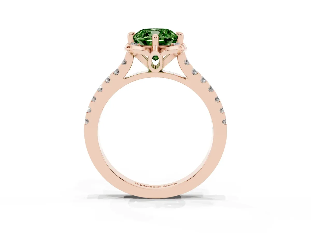 Fancy Green Cushion Cut Diamond Ring with Pavé Band and Floral Prong Setting Rose gold