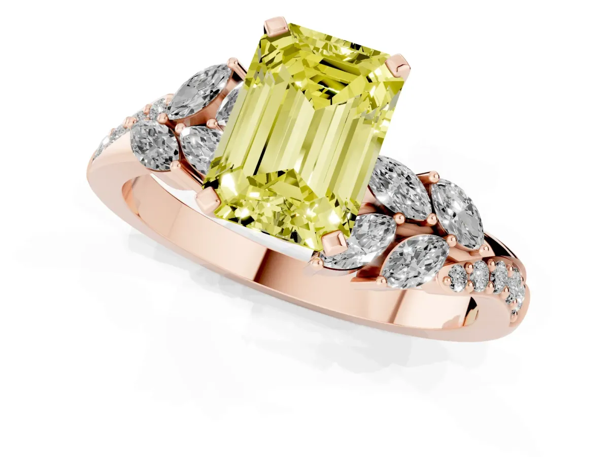 Fancy Yellow Emerald Cut Solitaire Marquise Twist Band with Six-Prong Setting Rose gold