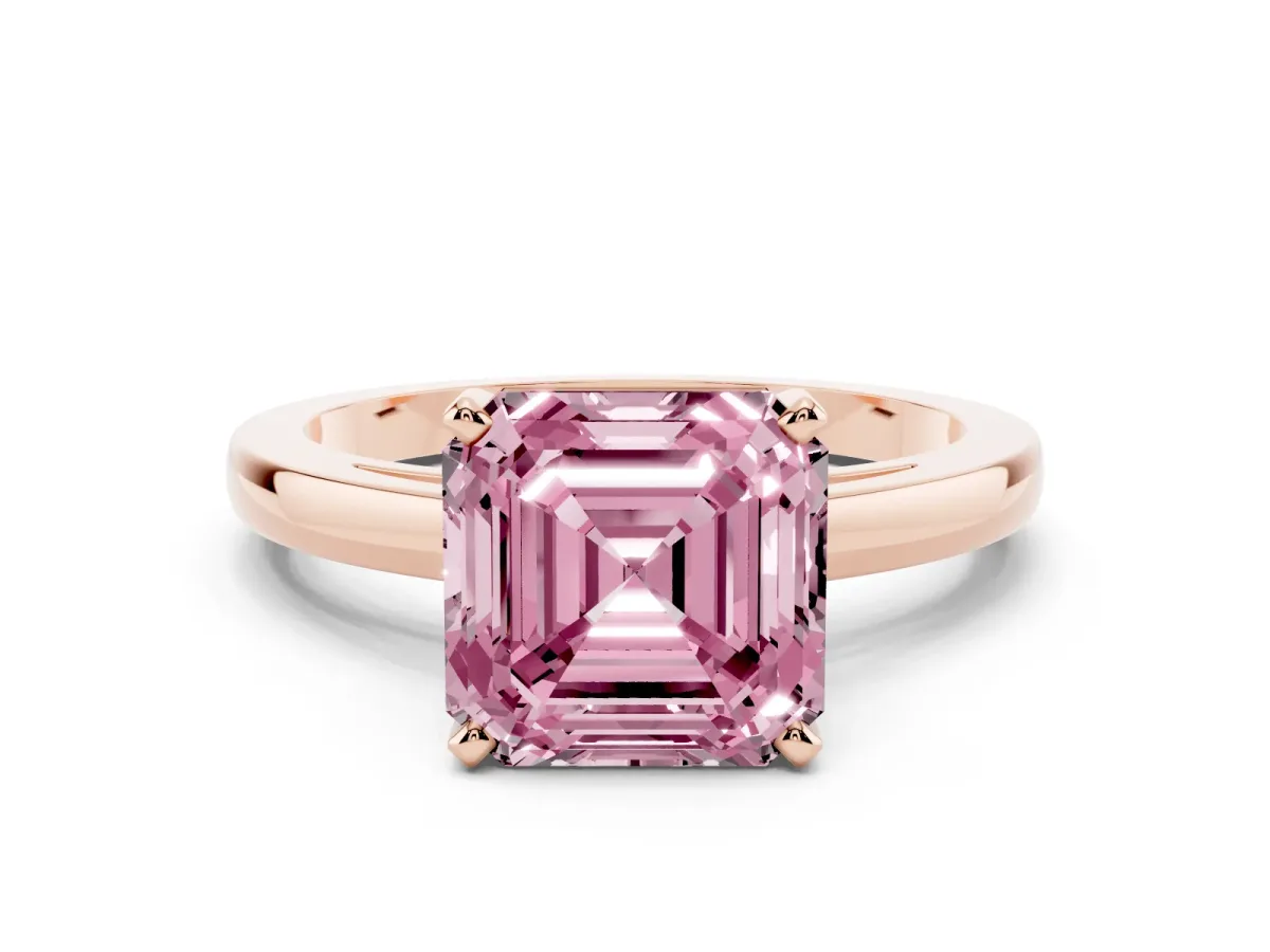 Fancy Pink Asscher Cut Solitaire Diamond Engagement Ring with Four-Prong Setting on a Classic Band Rose gold