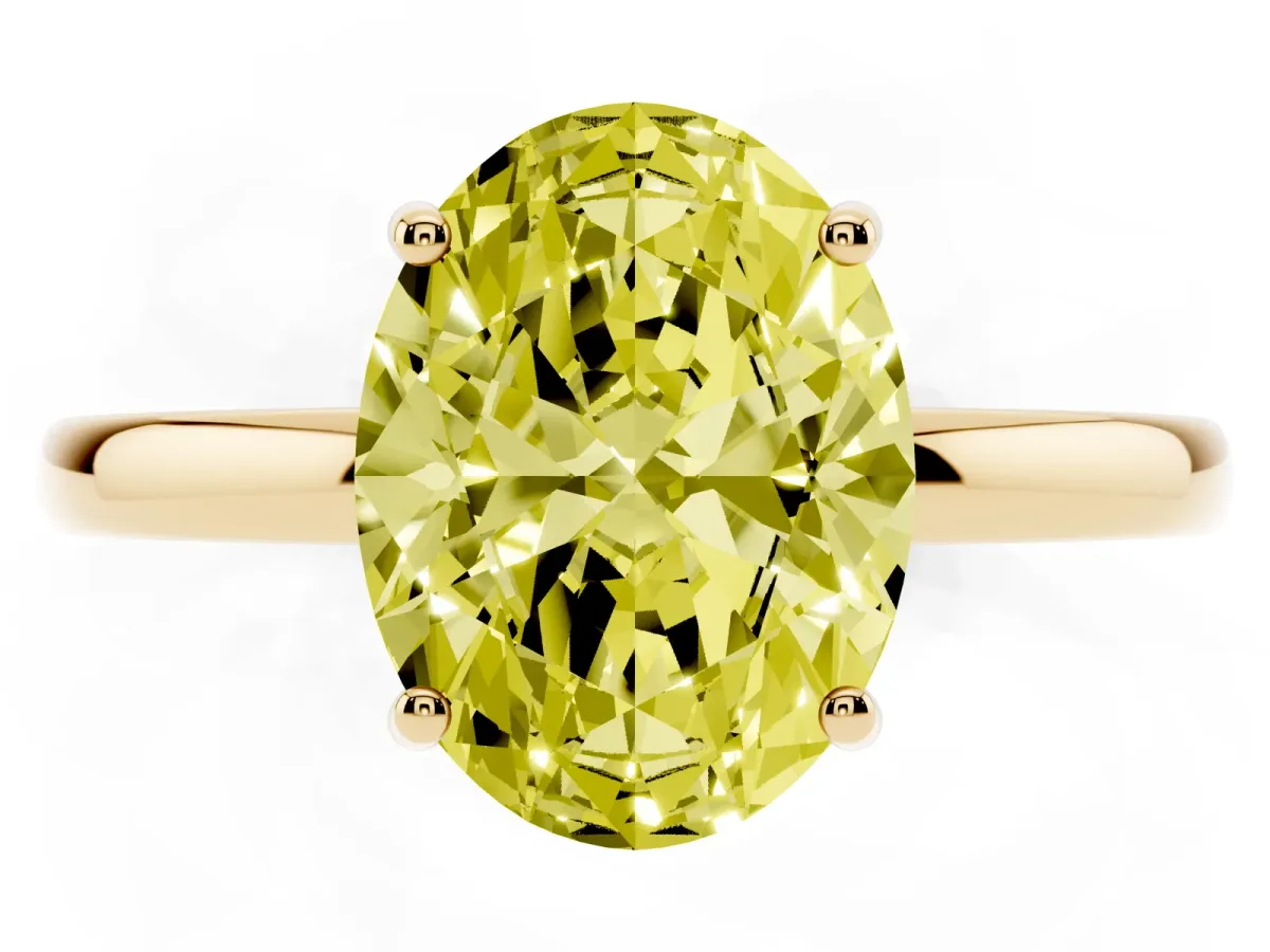 Fancy Yellow Oval Cut Solitaire Diamond Ring with Prong Setting and Plain Band Yellow gold