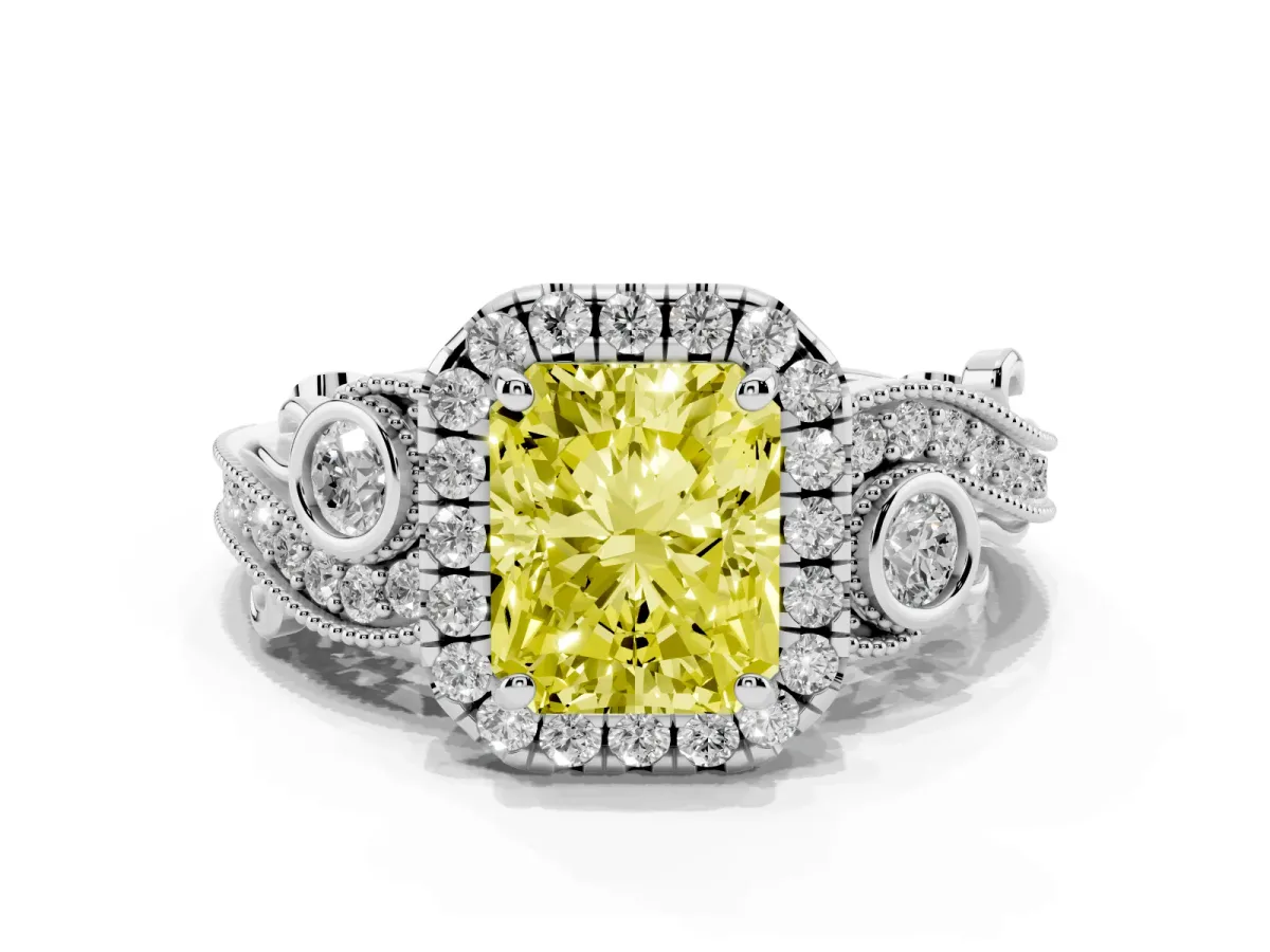 Fancy Yellow Radiant Cut Halo Diamond Ring with Milgrain and Bezel Accents on a Split Shank Band Silver