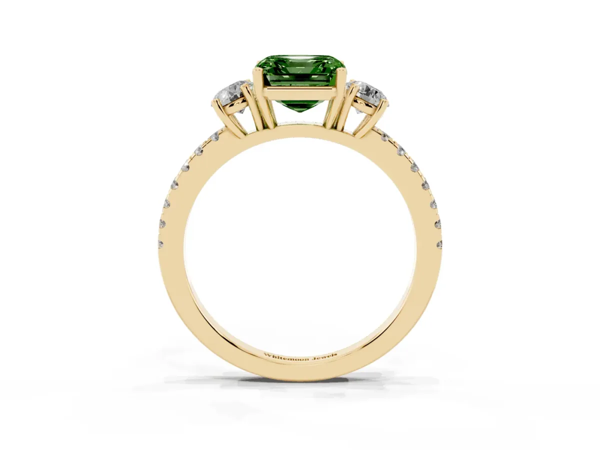 Fancy Green Three-Stone Asscher Cut Cut Diamond Pavé Band with Prong Setting Yellow gold