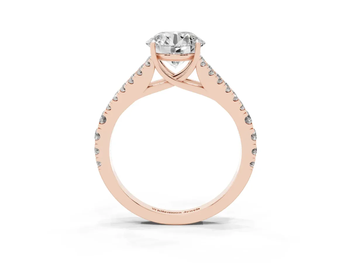 Round Cut Diamond Split Shank Pavé Engagement Ring with Four-Prong Setting Rose gold