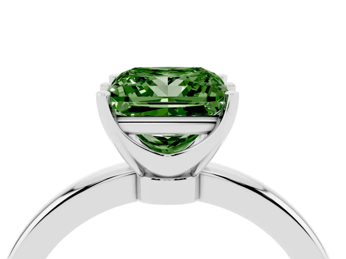 Fancy Green Princess Cut Solitaire Diamond Ring with Six-Prong Setting on a Classic Band Silver