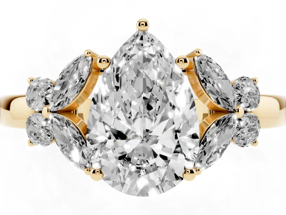 Pear Cut Cut Solitaire Floral Diamond Ring with Four-Prong Setting Yellow gold