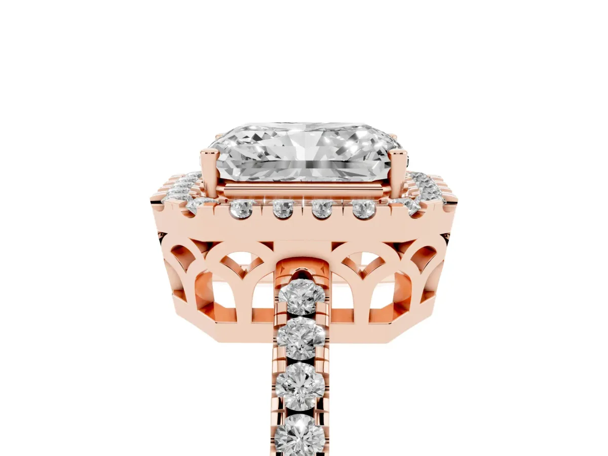 Radiant Cut Halo Diamond Engagement Ring with Pavé Band and Four-Prong Setting Rose gold