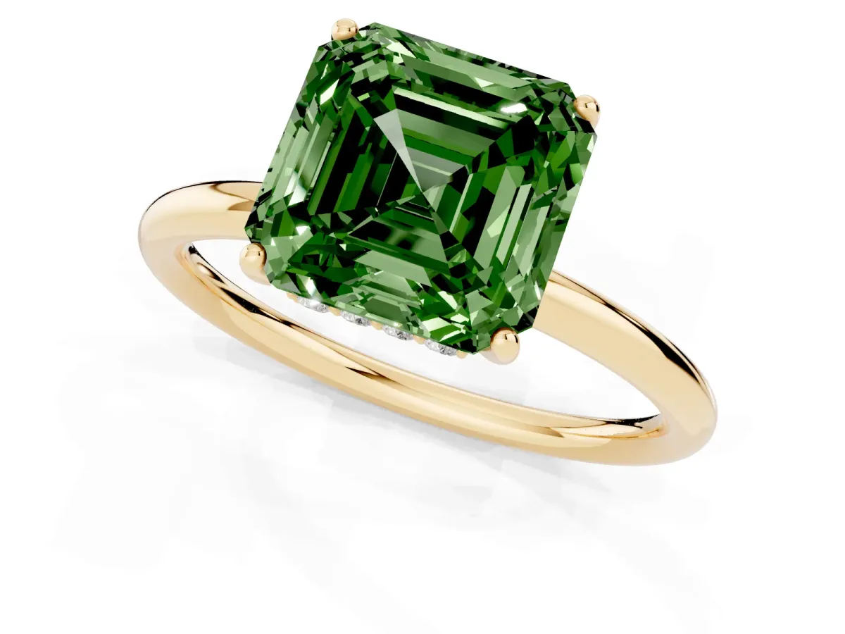 Fancy Green Asscher Cut Solitaire Diamond Ring with a Classic Band and Four-Prong Setting Yellow gold