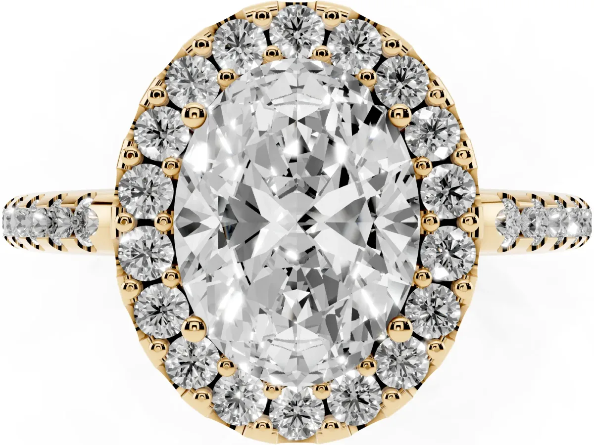 Oval Cut Diamond Pavé Halo Ring with Four-Prong Setting Yellow gold