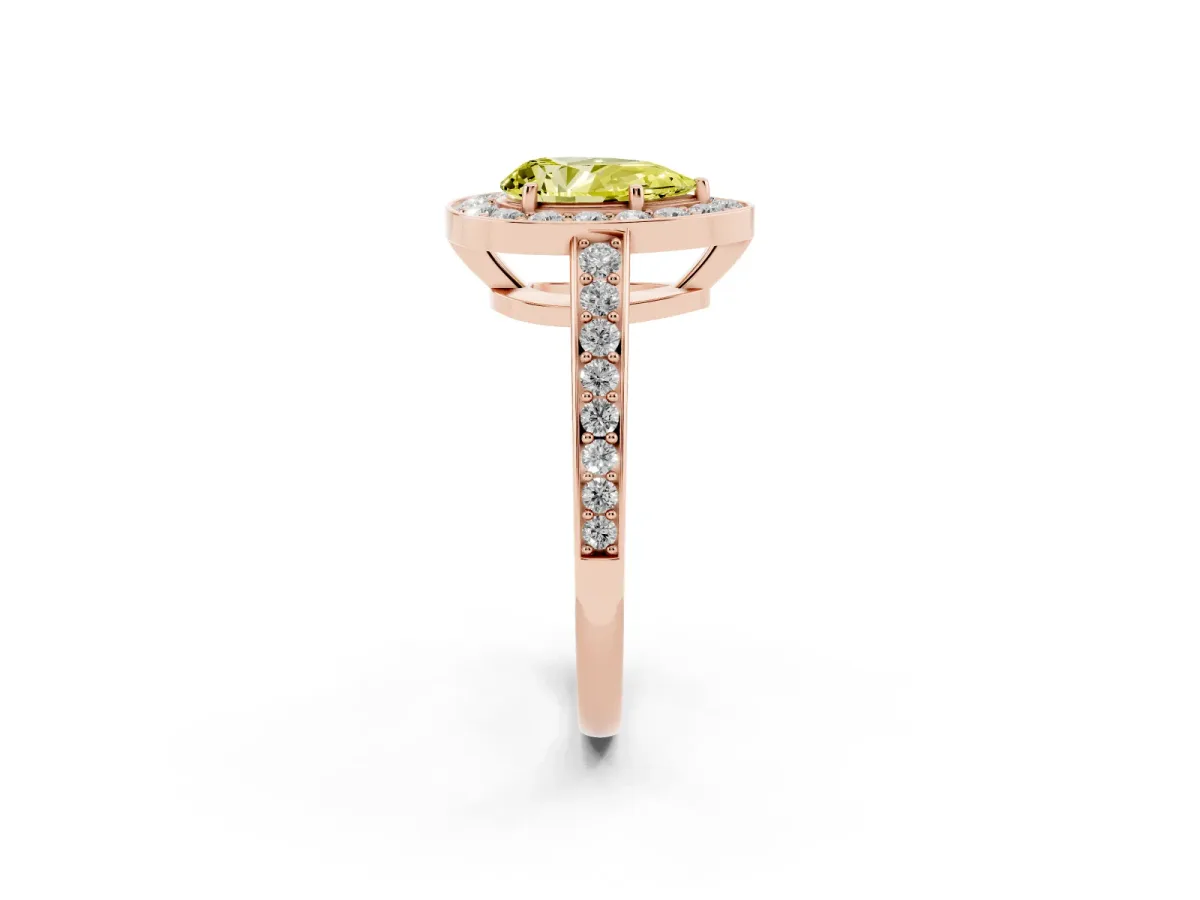 Fancy Yellow Pear Cut Halo Pavé Diamond Engagement Ring with Bezel Setting Rose gold
