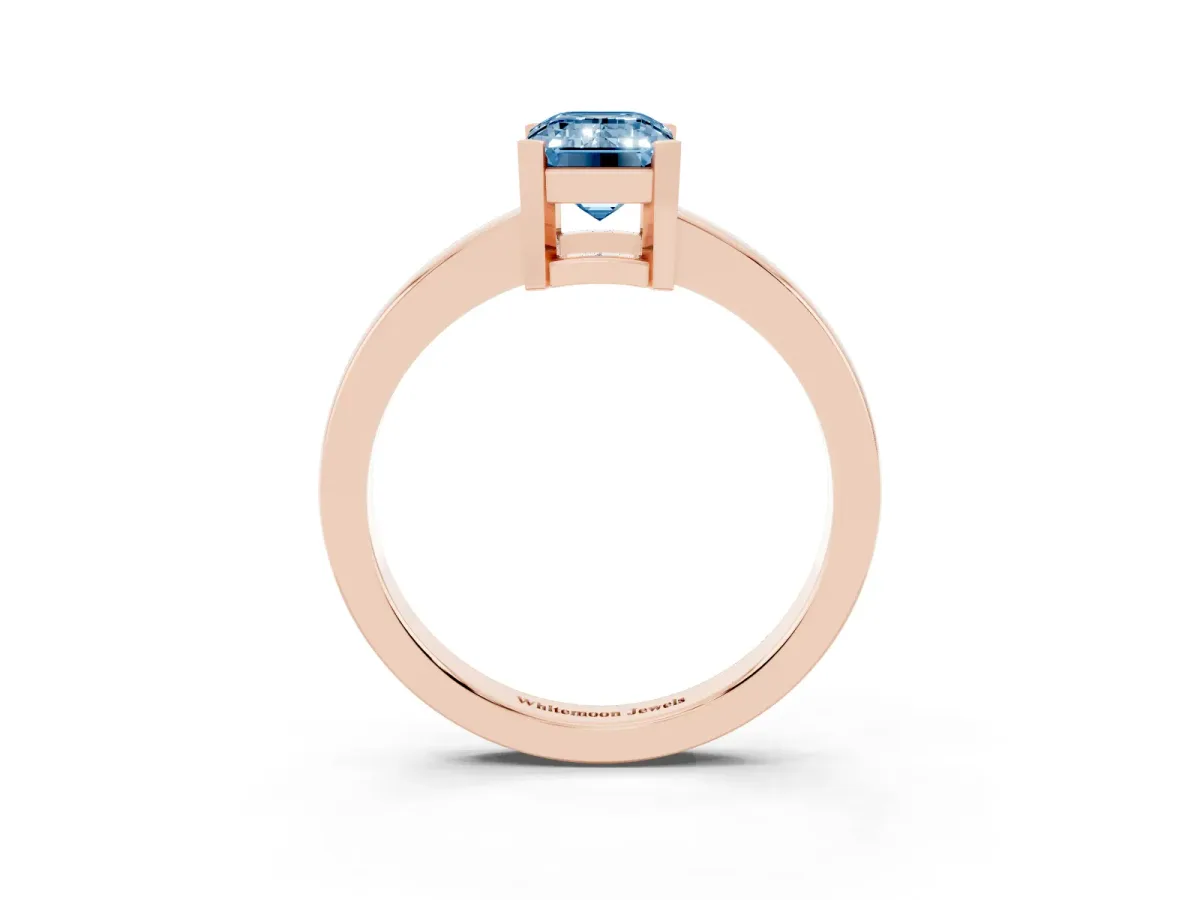Fancy Blue Emerald Cut Cut Solitaire Ring with Four-Prong Setting and Classic Band Rose gold