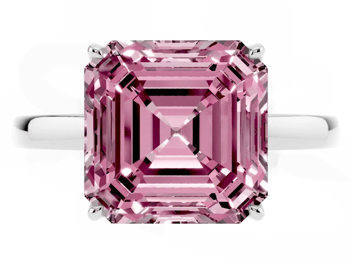 Fancy Pink Asscher Cut Diamond Solitaire Ring with Thin Band and Prong Setting Silver