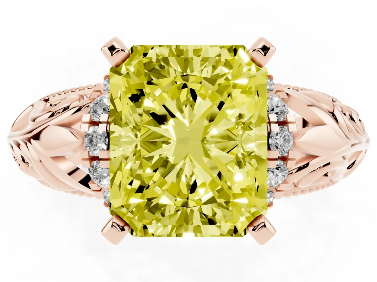 Fancy Yellow Radiant Cut Solitaire Filigree Engagement Ring with Halo and Prong Setting Rose gold