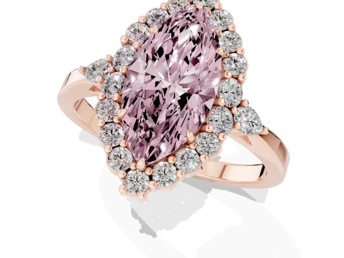 Fancy Pink Marquise Cut Diamond Halo Ring with Pear Side Stones and Prong Setting Rose gold