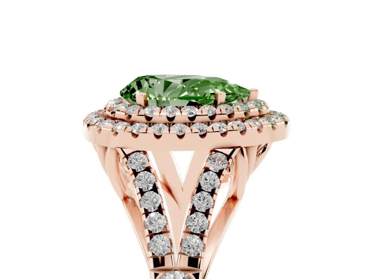 Fancy Green Pear Cut Cut Double Halo Split Shank Diamond Ring with Prong Setting Rose gold