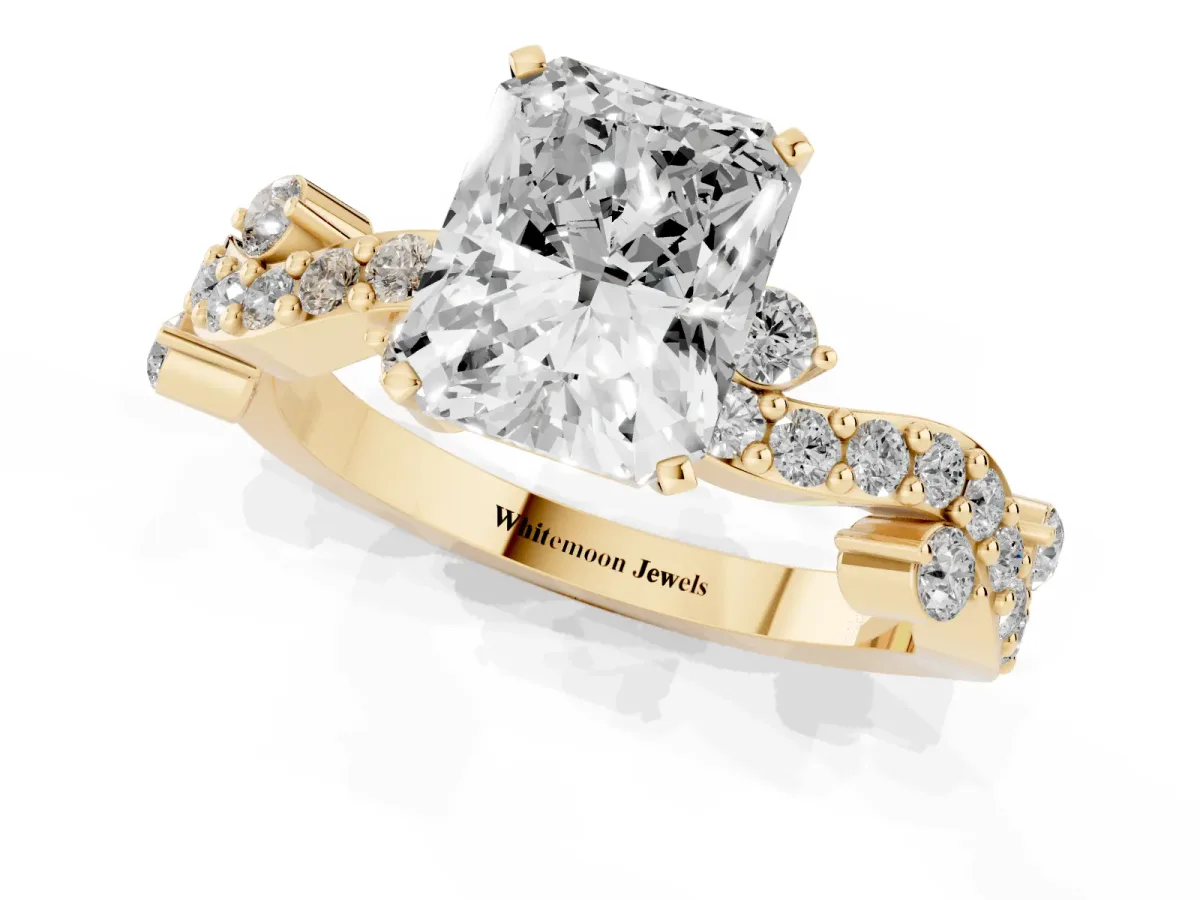 Radiant Cut Cut Solitaire Diamond Twisted Band with Pave Setting Yellow gold