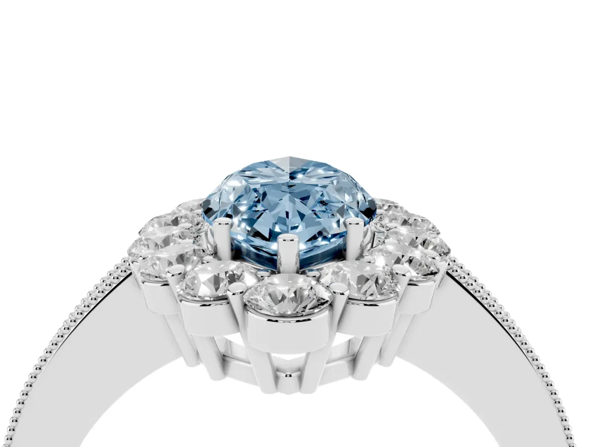 Fancy Blue Marquise Cut Cut Halo Diamond Pavé Engagement Ring with Milgrain Detailing Silver