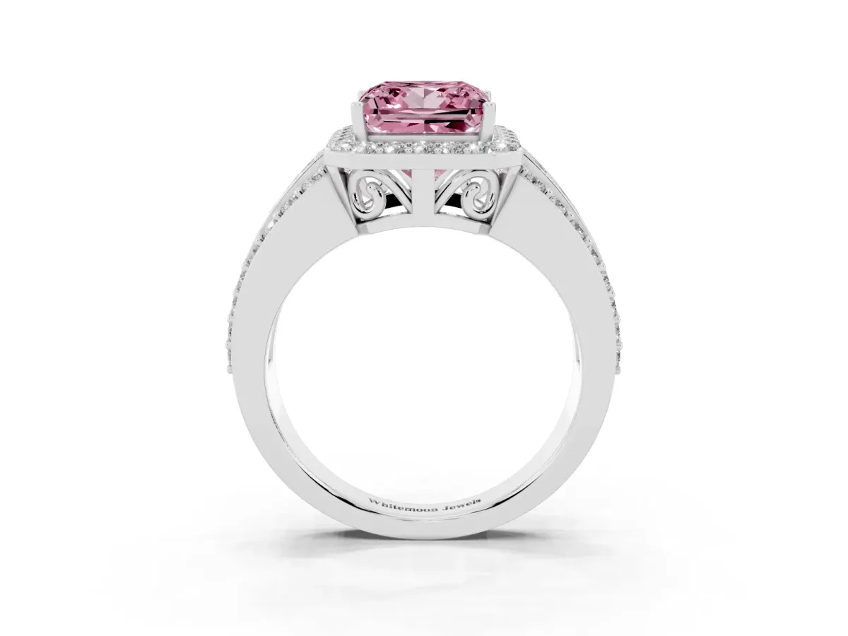 Fancy Pink Princess Cut Halo Diamond Ring with Round Split Shank and Prong Setting Silver