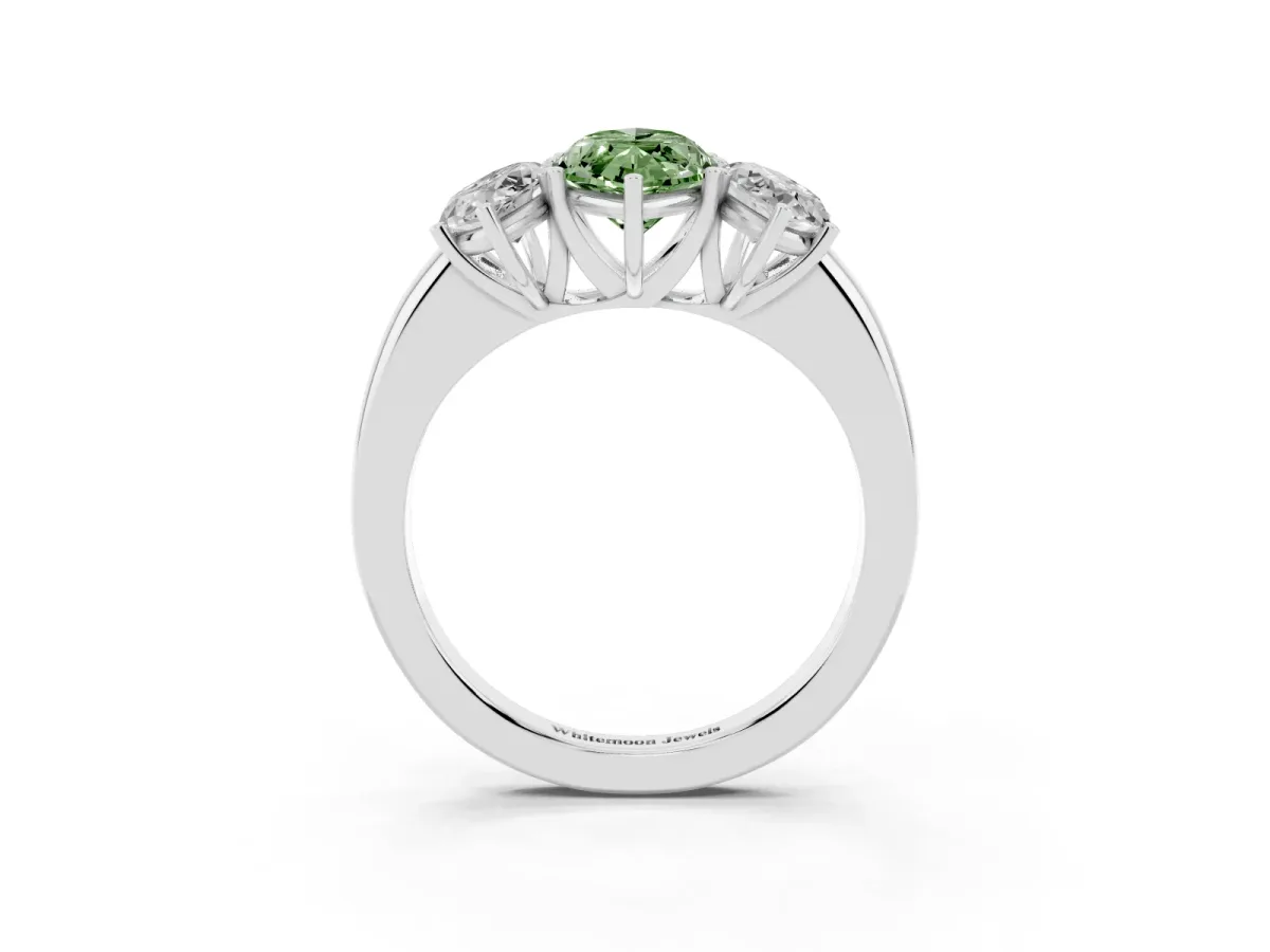 Fancy Green Marquise Cut Diamond Three-Stone Ring with Four-Prong Setting and Classic Band White gold