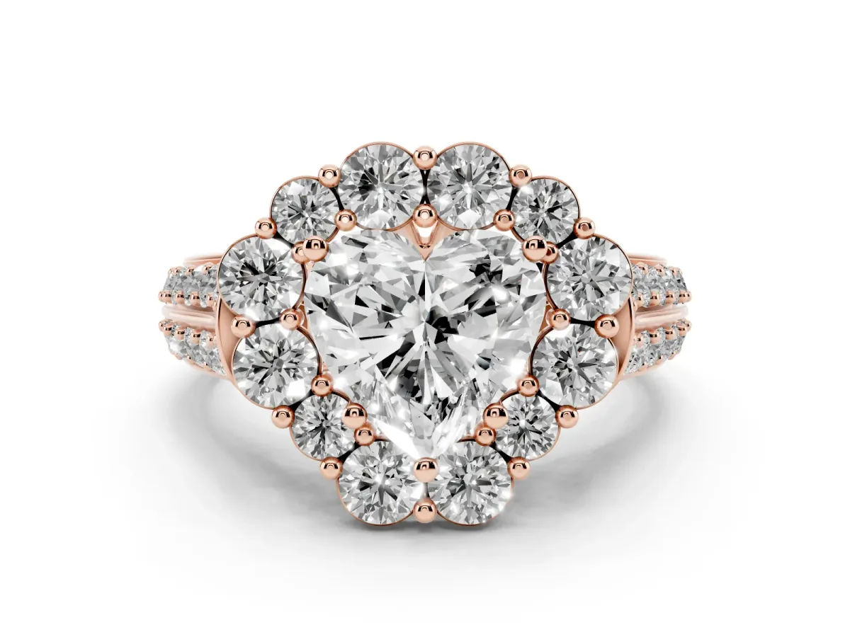 Heart Cut Halo Diamond Engagement Ring with Split Shank and Prong Setting Rose gold