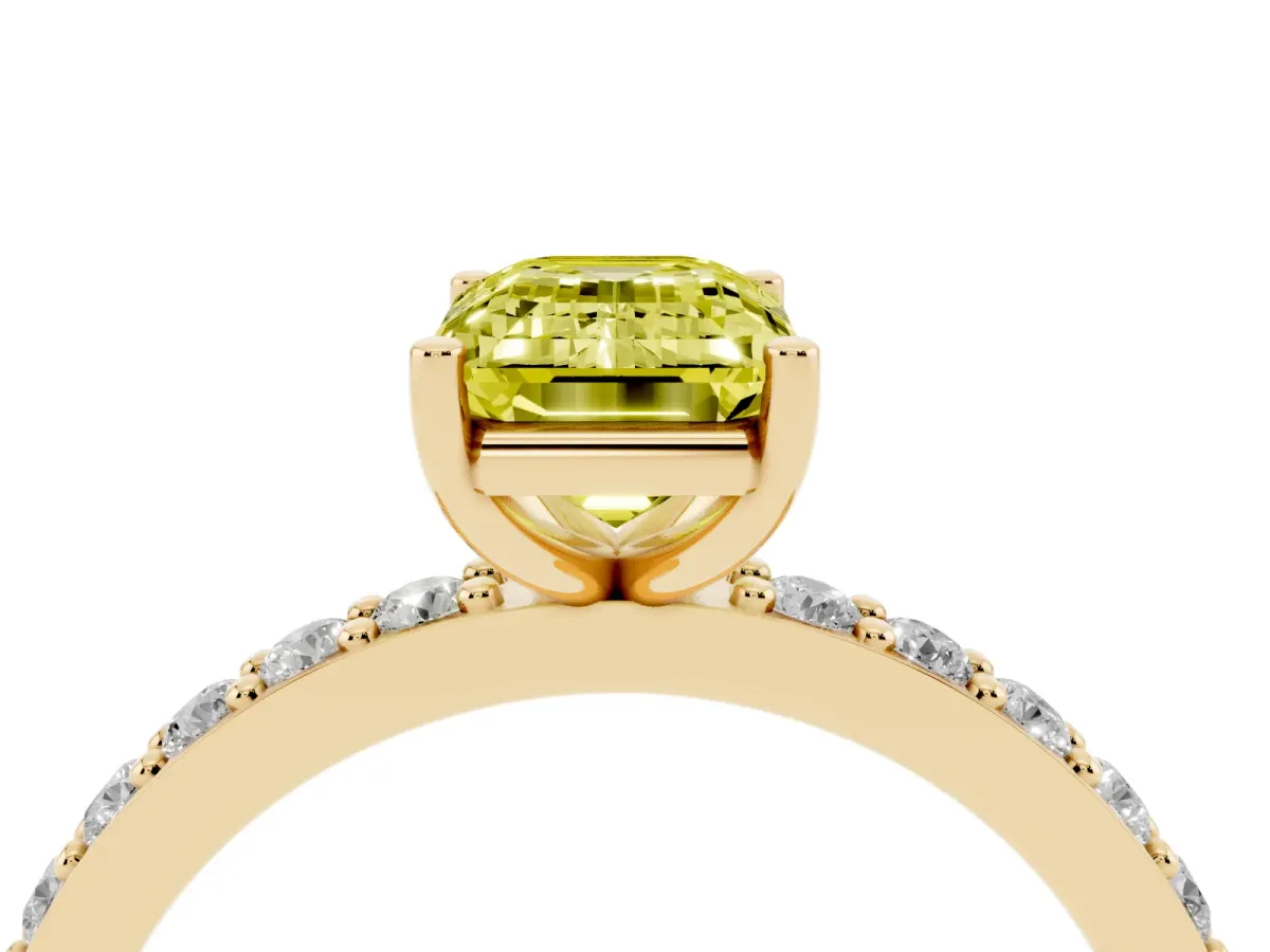 Fancy Yellow Emerald Cut Cut Diamond Solitaire with Pave Band and Four-Prong Setting Yellow gold