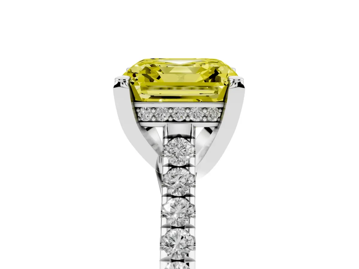 Fancy Yellow Asscher Cut Brilliant Diamond Solitaire with Pavé Band and Four-Prong Setting Silver