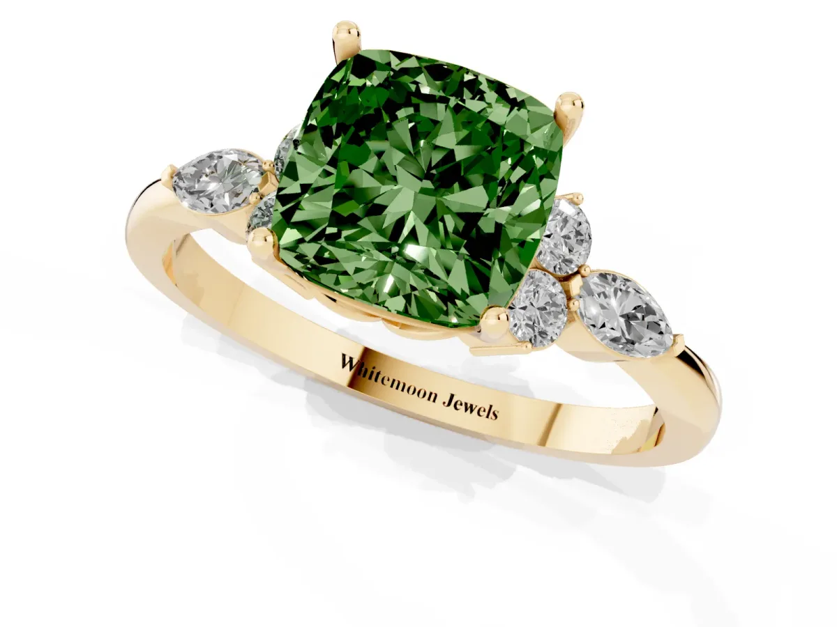 Fancy Green Cushion Cut Brilliant Diamond Solitaire Ring with Pear Side Stones and Four-Prong Setting Yellow gold