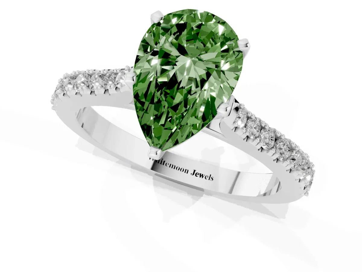 Fancy Green Pear Cut Cut Solitaire Diamond Engagement Ring with Pave Band and Four-Prong Setting Platinum