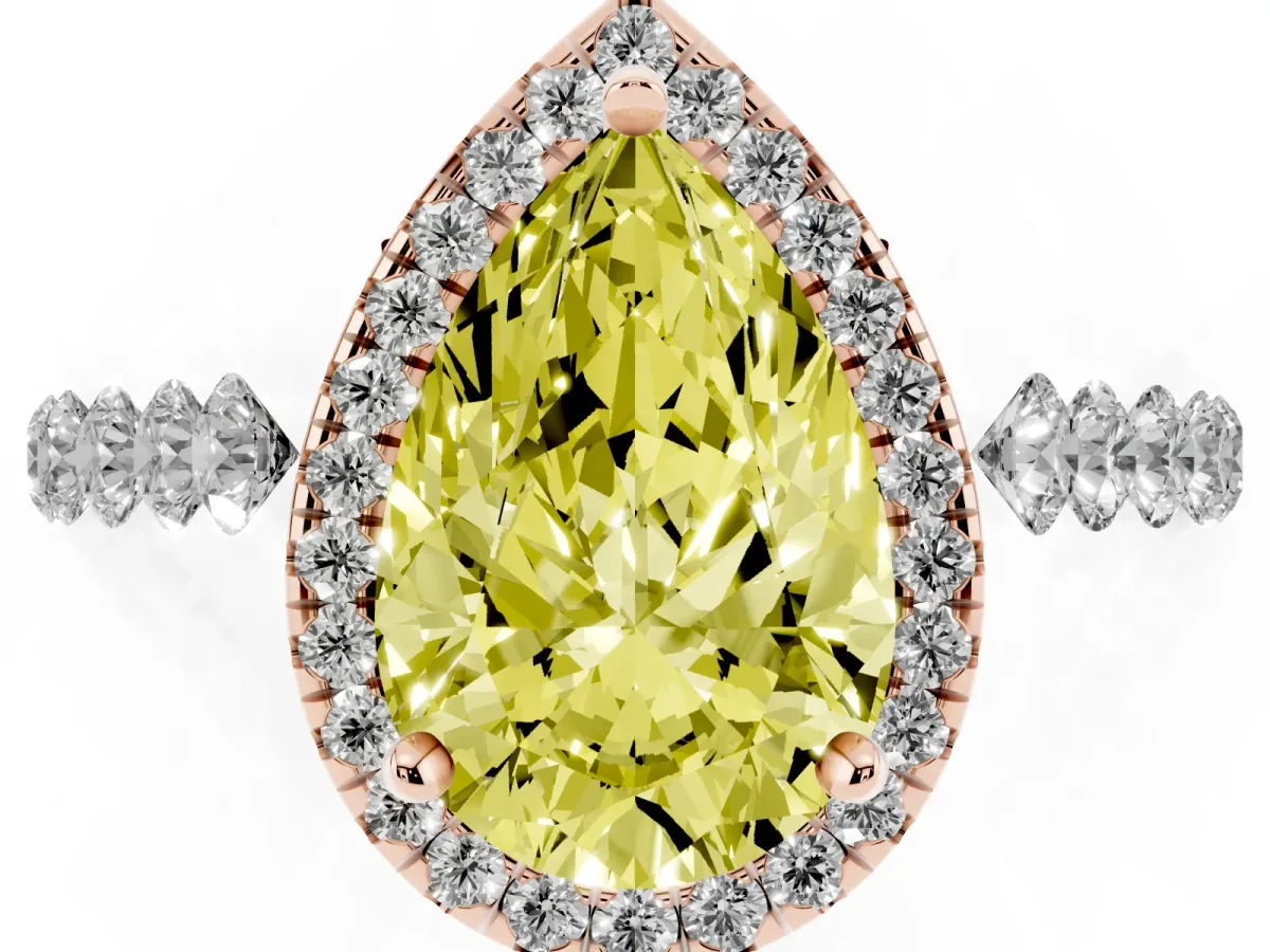 Fancy Yellow Pear Cut Halo Pavé Diamond Engagement Ring with Four-Prong Setting Rose gold