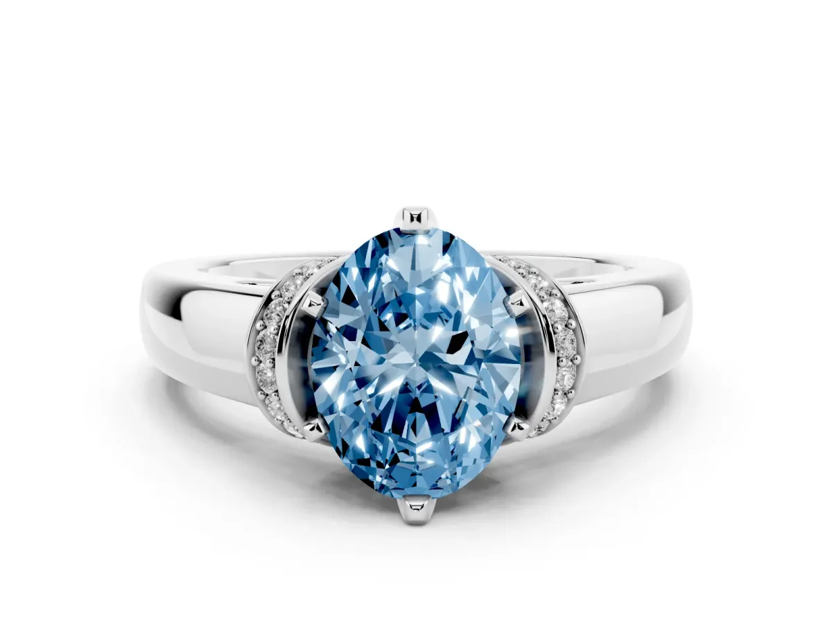 Fancy Blue Oval Cut Solitaire Diamond Ring with Pave Band and Six-Prong Setting Silver