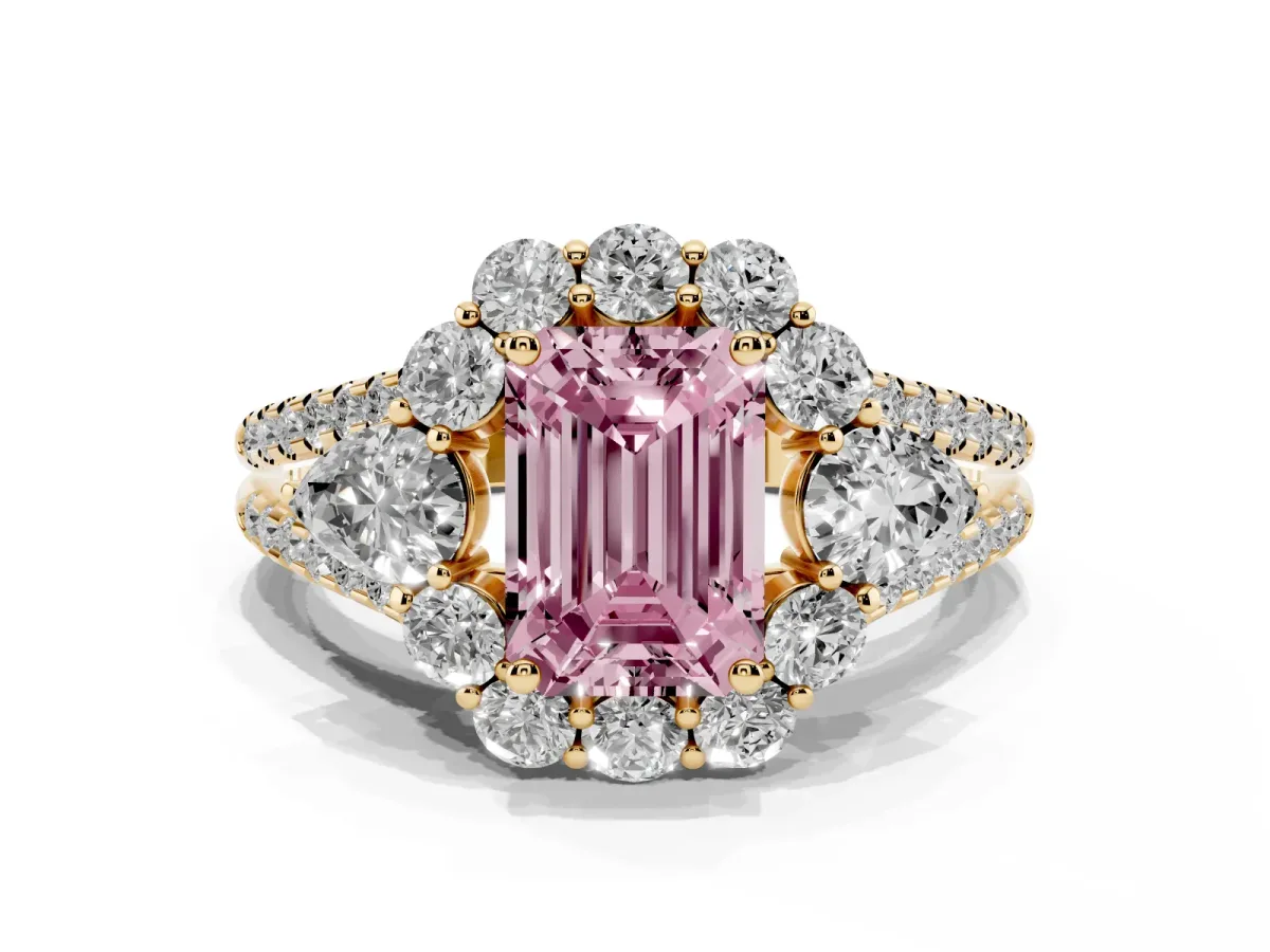Fancy Pink Emerald Cut Halo Split Shank Diamond Engagement Ring with Prong Setting Yellow gold