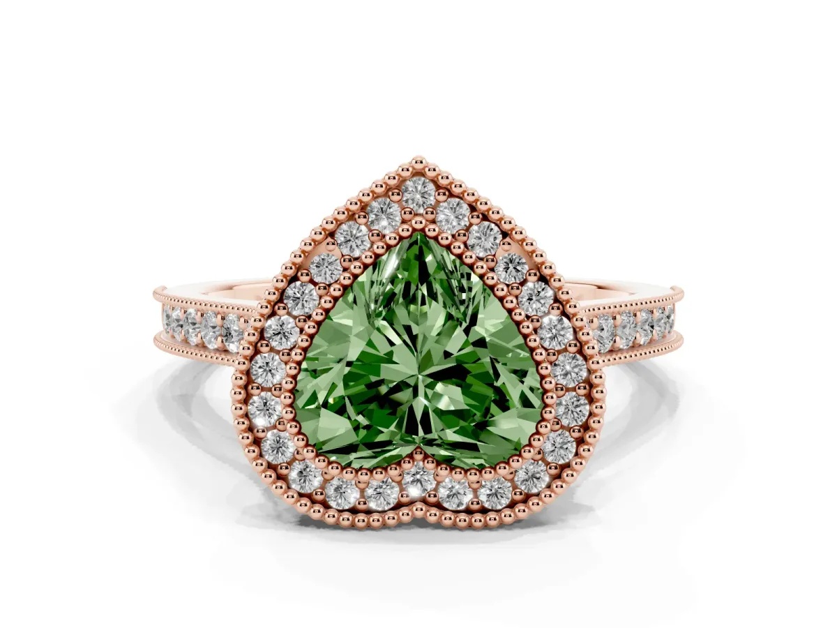 Fancy Green Halo Heart Cut-Cut Diamond Pave Band Milgrain Prong Setting Ring Rose gold