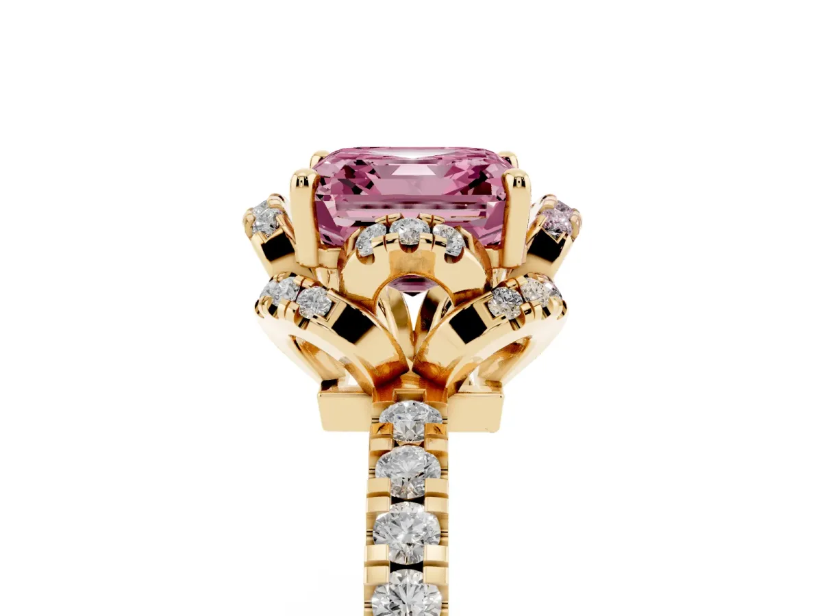 Fancy Pink Asscher Cut Halo Diamond Pave Band Ring with Four-Prong Setting Yellow gold