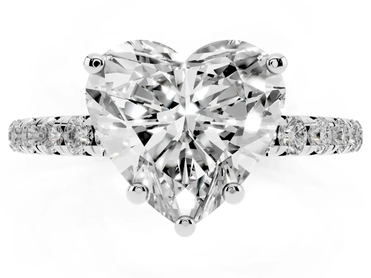 Heart Cut Cut Diamond Solitaire Ring with Micro Pave Band and Four Prong Setting Silver