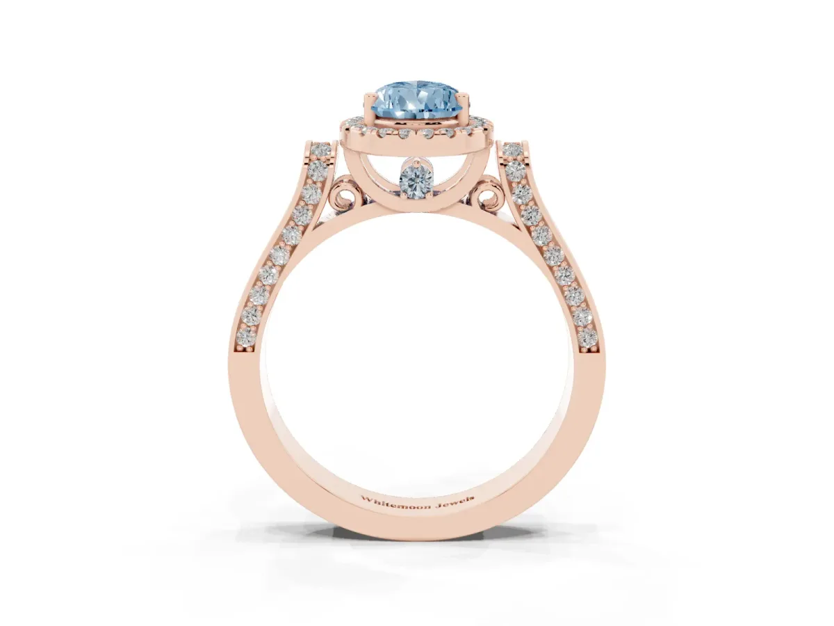 Fancy Blue Pear Cut Halo Pave Split Shank Prong Setting Ring Rose gold