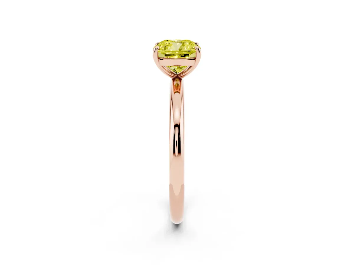 Fancy Yellow Cushion Cut Solitaire Diamond Ring with Four-Prong Setting on a Plain Band Rose gold