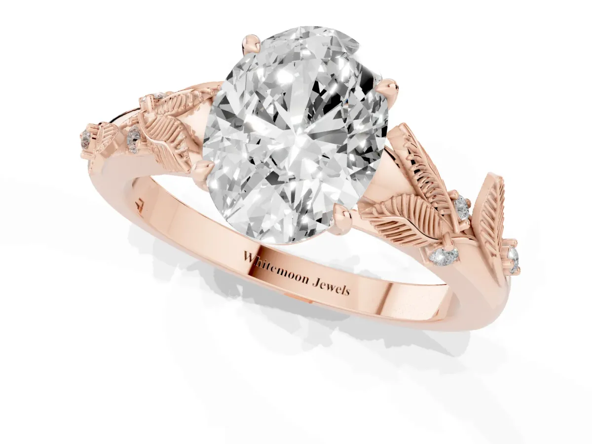 Oval Cut Diamond Solitaire Ring with Leaf Motif Band and Four-Prong Setting Rose gold